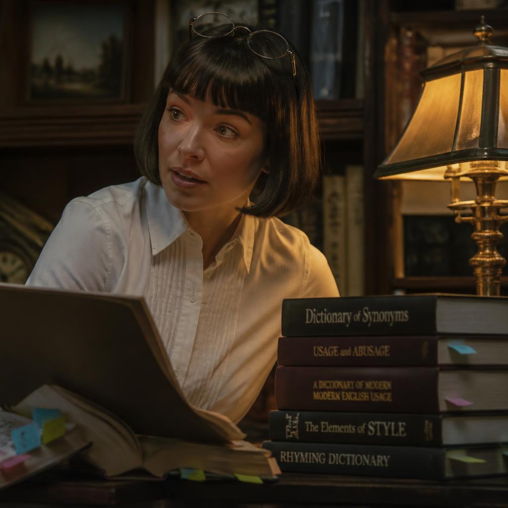 Iris Whinnifer, a tidy woman in her thirties with a sleek dark bob and blunt fringe, wire-rimmed glasses pushed up into her hair, turning away from her stacked dictionaries toward the chair opposite with bright, delighted curiosity
