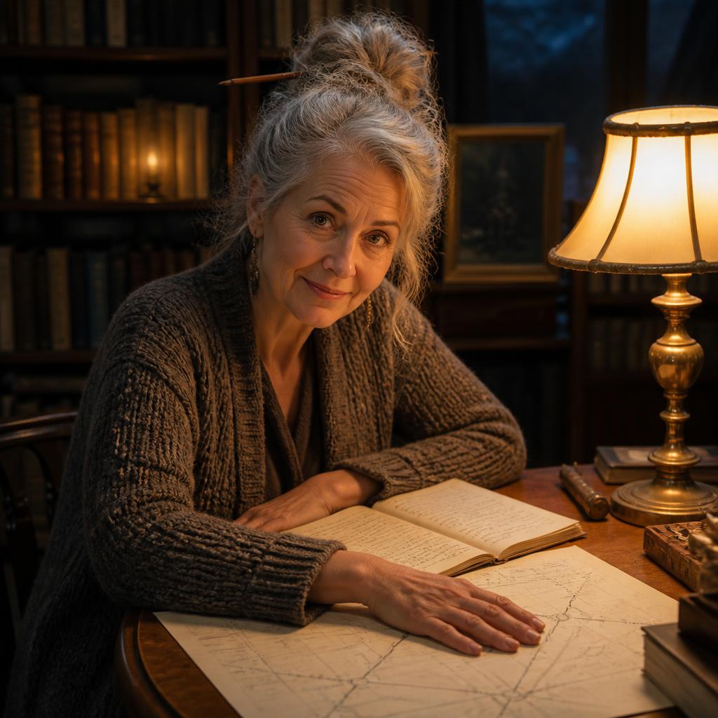 Margaret Ellsworth, a woman in her fifties in a knitted cardigan with thick silver-grey hair gathered high and a pencil pushed through it, looking up from an open manuscript across the table with dawning recognition, one hand resting on a hand-drawn story map
