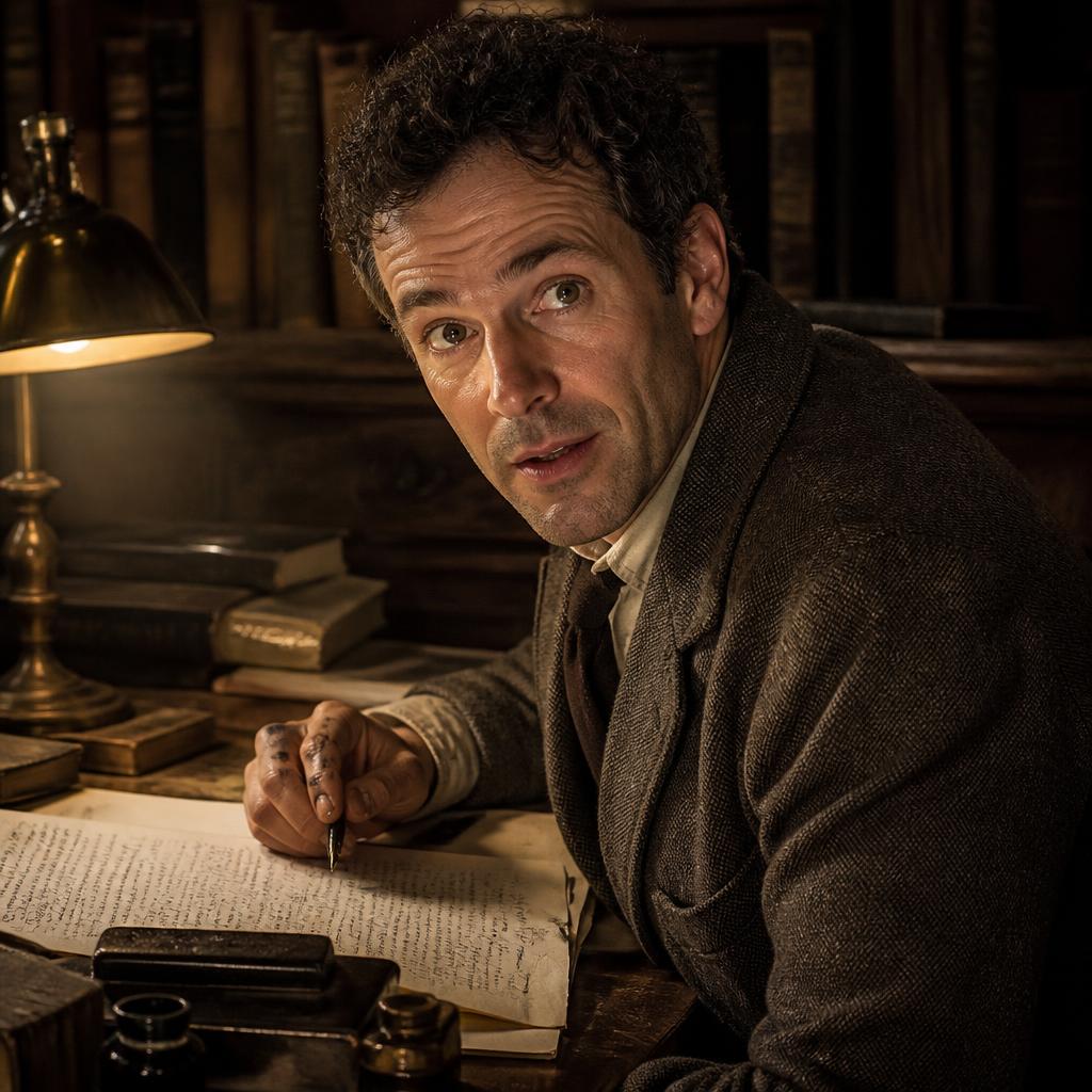 Julian Bravehart, a man in his forties with short dark curly hair in a rumpled tweed jacket, ink-stained fingers around a fountain pen, glancing up mid-thought from a margin he was annotating under a brass lamp