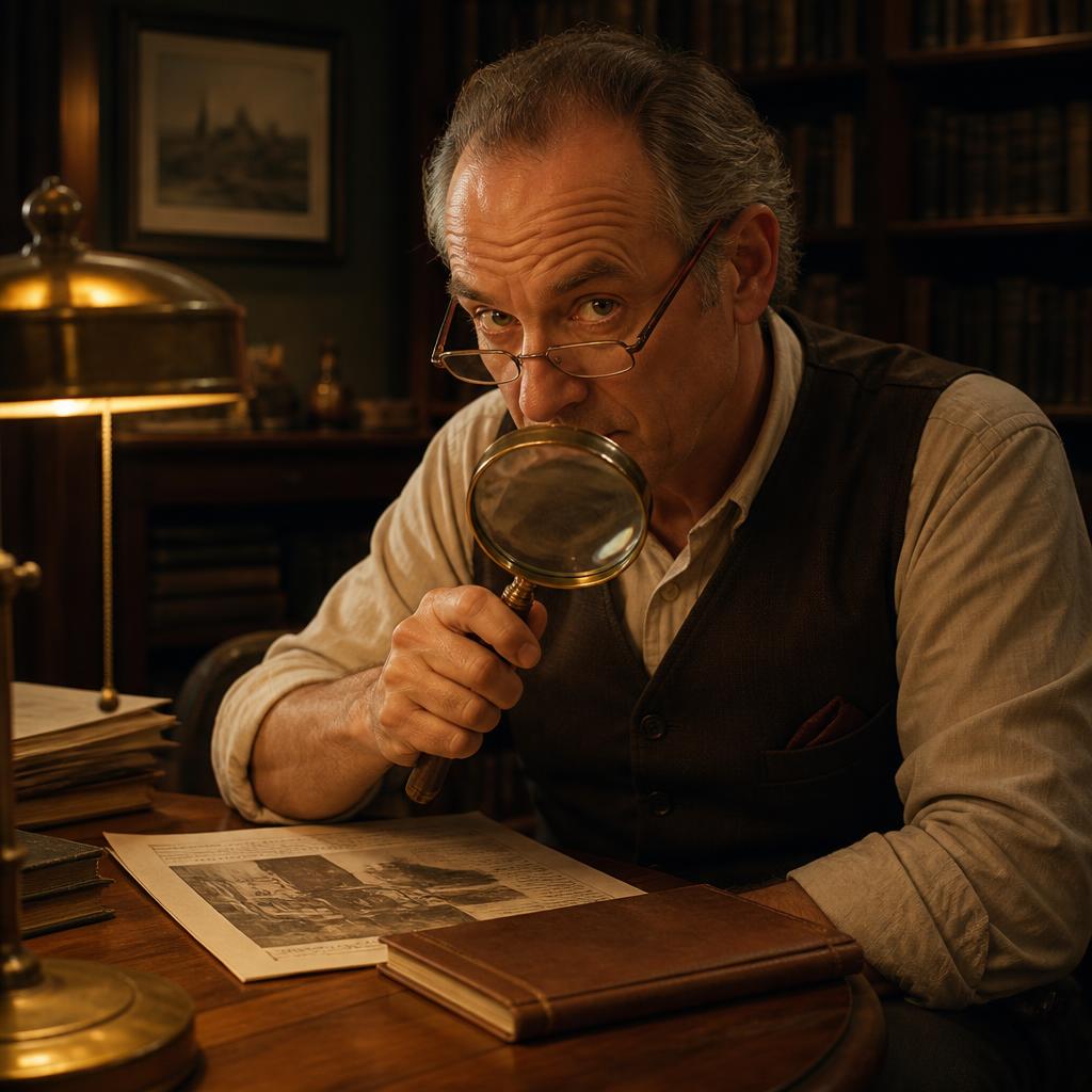 Reginald Horn, a lean older man in a waistcoat with thinning grey hair, looking over the top of his raised magnifying glass with dry amusement beside a leather notebook and a red editing pencil in a lamp-lit library