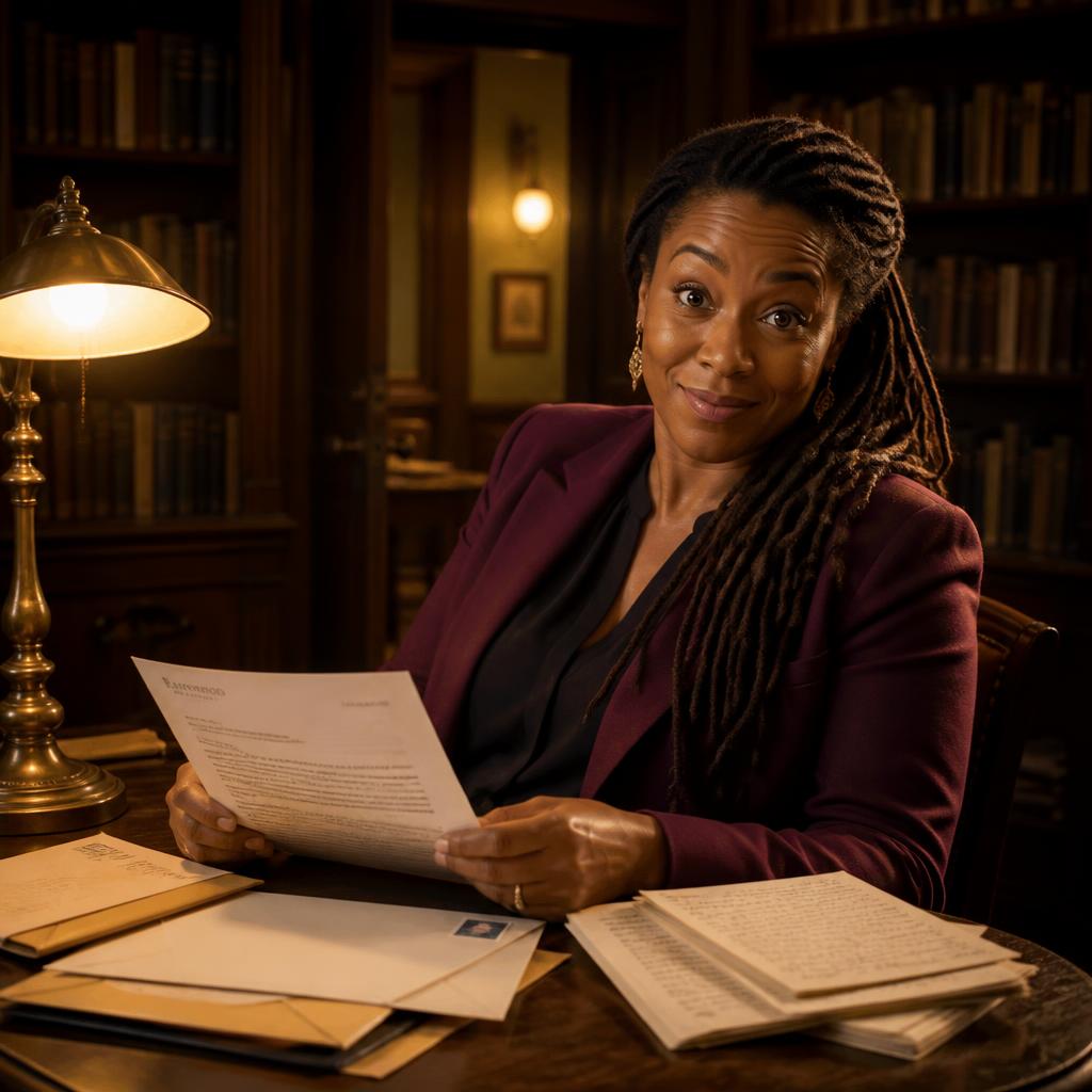 Nadia Okafor, a woman in her forties in a plum blazer with long coiled locs swept over one shoulder and gold earrings, query letter lowered to the table, leaning back with raised brows of excitement beside envelopes, a brass lamp and a lit doorway